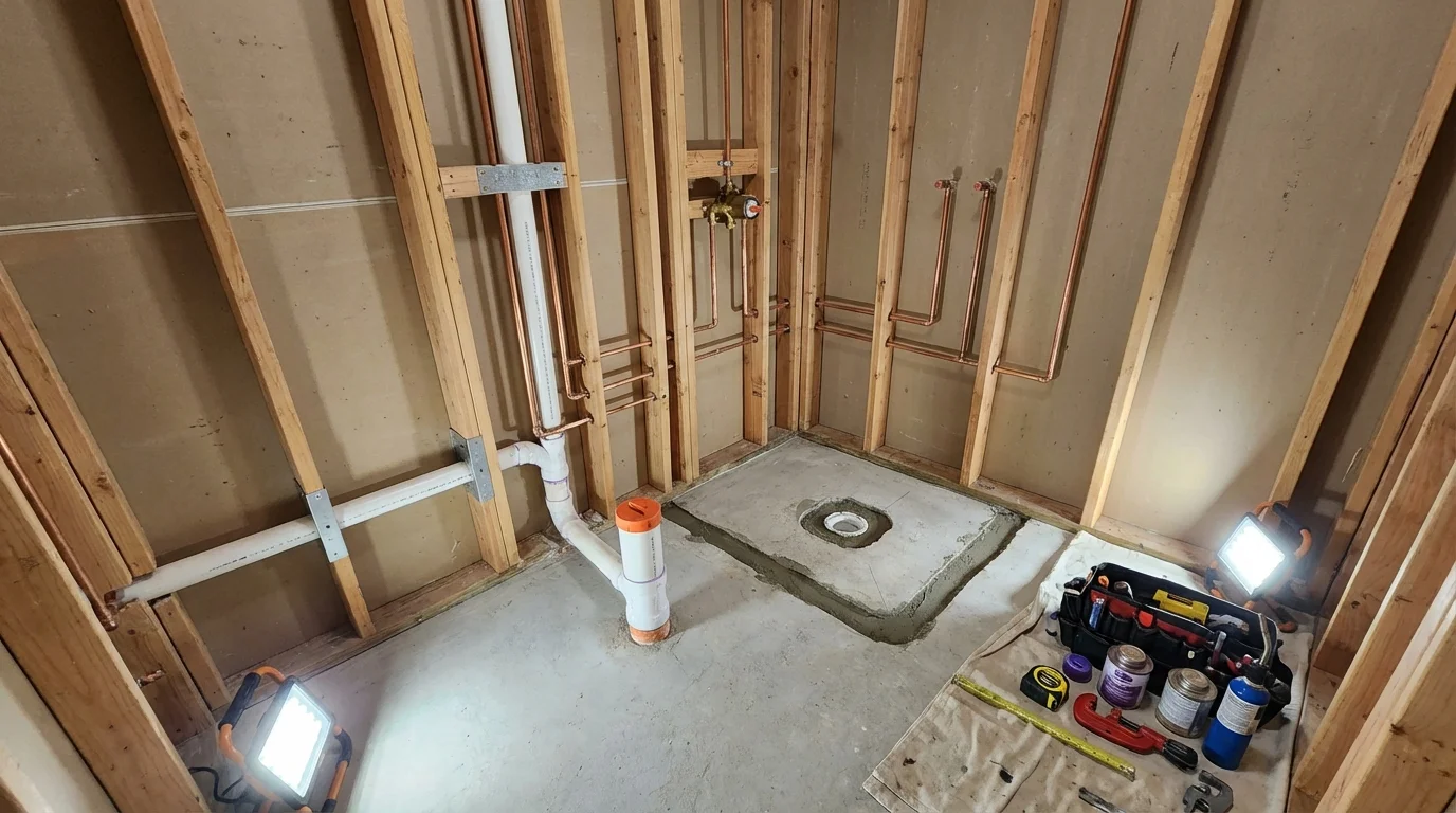 Bathroom rough-in plumbing during remodel by Johns Plumbing LLC in Newark