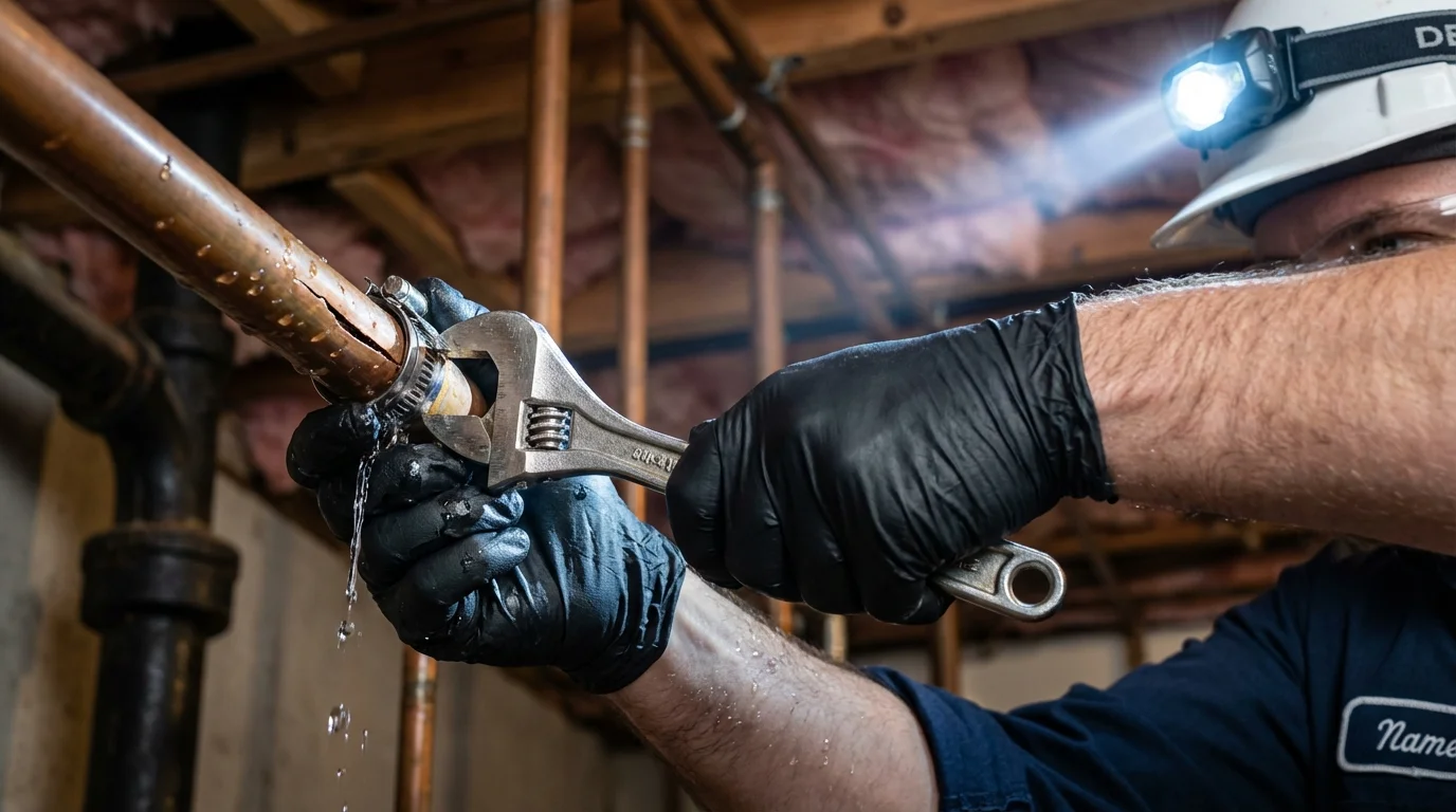 Emergency pipe clamp repair being performed by a Johns Plumbing LLC plumber in Newark