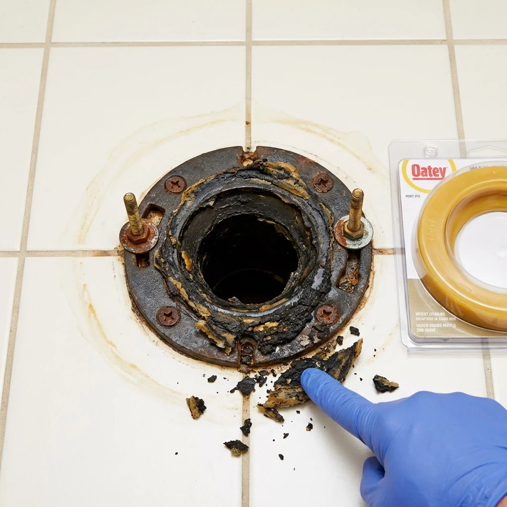Failed wax ring showing water seepage at the base of a toilet in a Newark, OH home