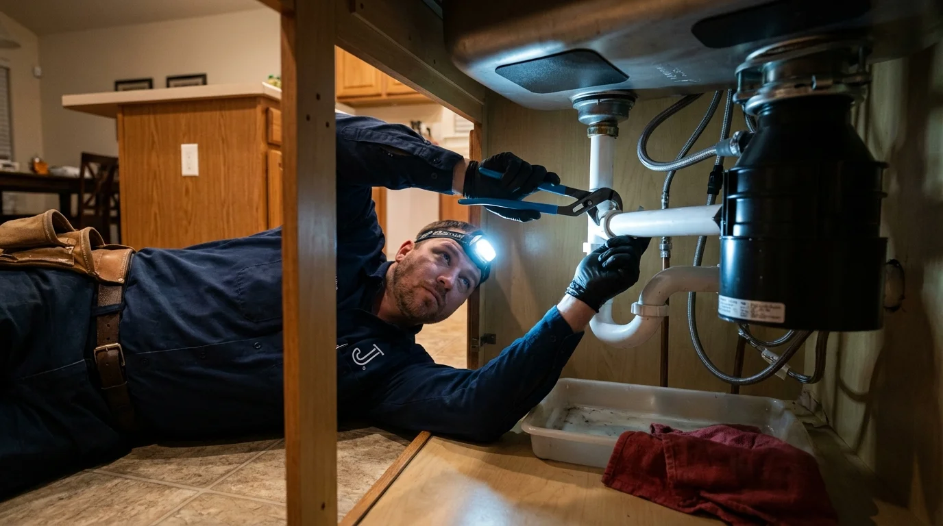 P-trap and supply line connections under a kitchen sink showing a common leak point in Newark, OH
